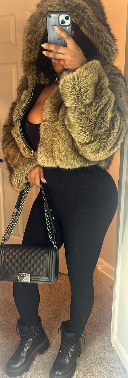 Chic Girl Hooded Fur Crop Jacket