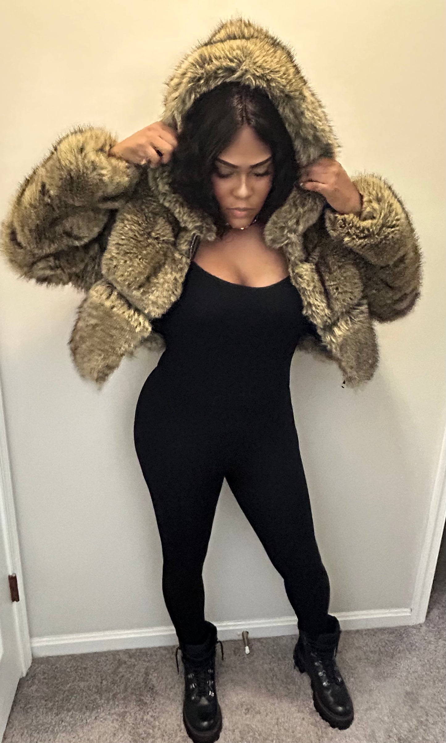 Chic Girl Hooded Fur Crop Jacket